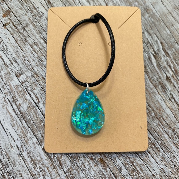 Iridescent Blue Teardrop Necklace - Handmade - Picture 8 of 13